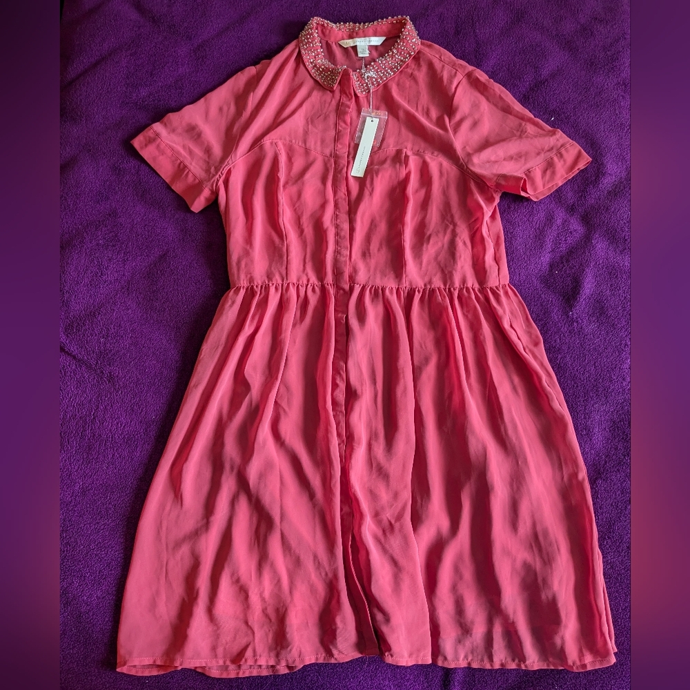 Salmon Beaded-Collar Dress